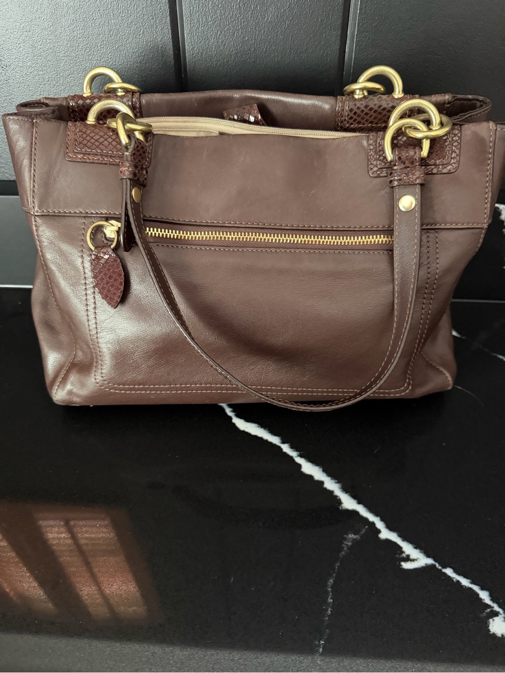 Coach F16537 Kristin Leather Turnlock Tote Brown Python Trim - Picture 5 of 10